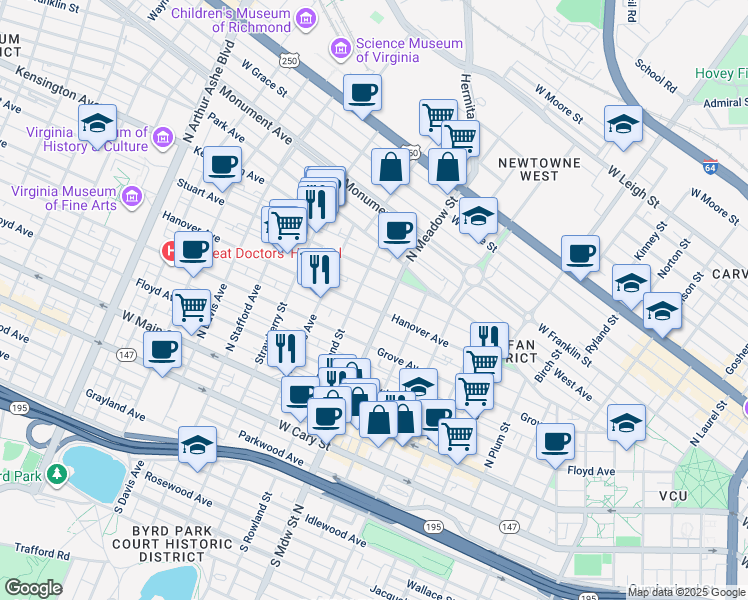 map of restaurants, bars, coffee shops, grocery stores, and more near 2010 Hanover Avenue in Richmond