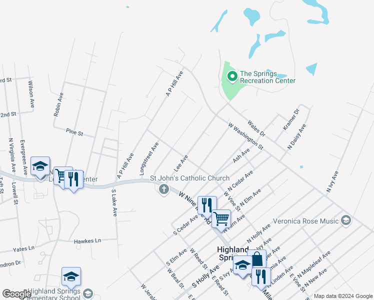 map of restaurants, bars, coffee shops, grocery stores, and more near 102 Lee Avenue in Highland Springs