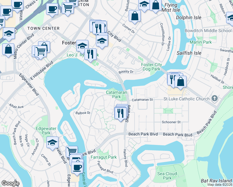 map of restaurants, bars, coffee shops, grocery stores, and more near 499 Catamaran Street in Foster City