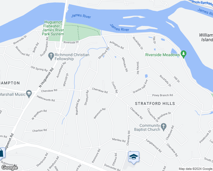 map of restaurants, bars, coffee shops, grocery stores, and more near 4221 Pawnee Road in Richmond