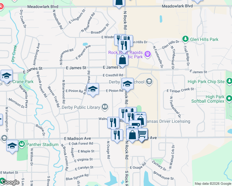 map of restaurants, bars, coffee shops, grocery stores, and more near 1799 Evergreen Court in Derby