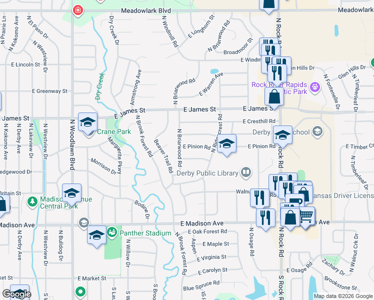 map of restaurants, bars, coffee shops, grocery stores, and more near 1300-1430 E Pine Tree Rd in Derby