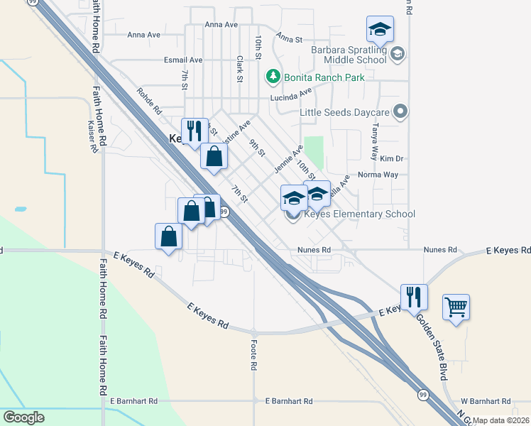 map of restaurants, bars, coffee shops, grocery stores, and more near 5655 7th Street in Keyes