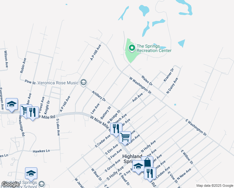 map of restaurants, bars, coffee shops, grocery stores, and more near 114 Battery Street in Highland Springs