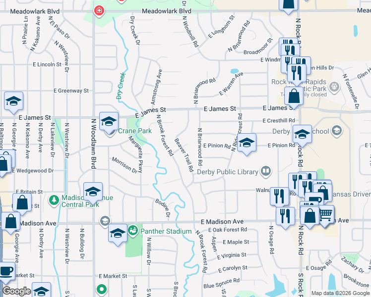 map of restaurants, bars, coffee shops, grocery stores, and more near 842 Beaver Trail Road in Derby