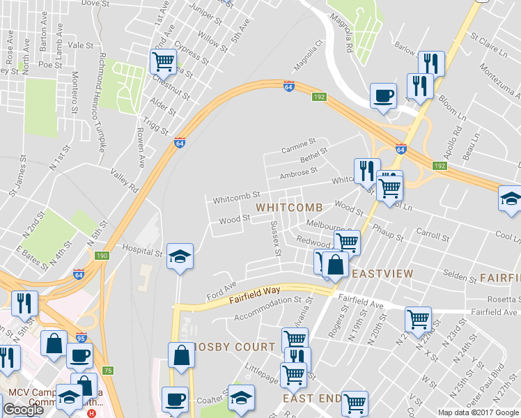 map of restaurants, bars, coffee shops, grocery stores, and more near 2112 Wood Street in Richmond