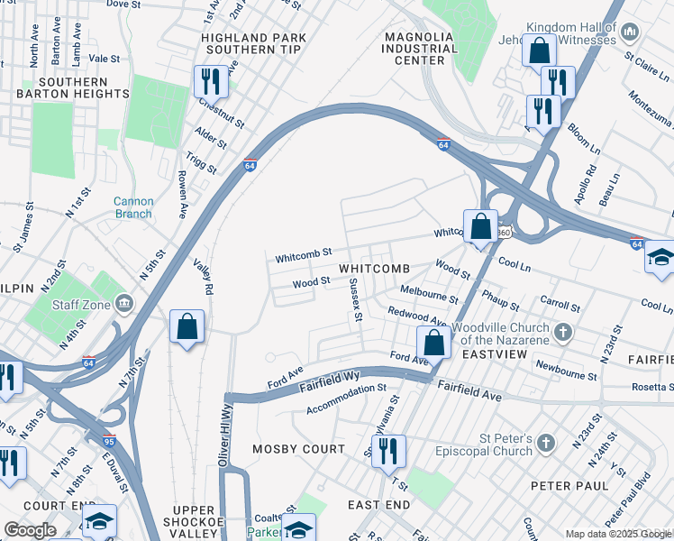 map of restaurants, bars, coffee shops, grocery stores, and more near 2112 Wood Street in Richmond
