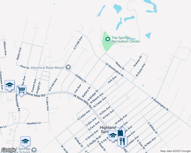 map of restaurants, bars, coffee shops, grocery stores, and more near 114 Battery Street in Highland Springs
