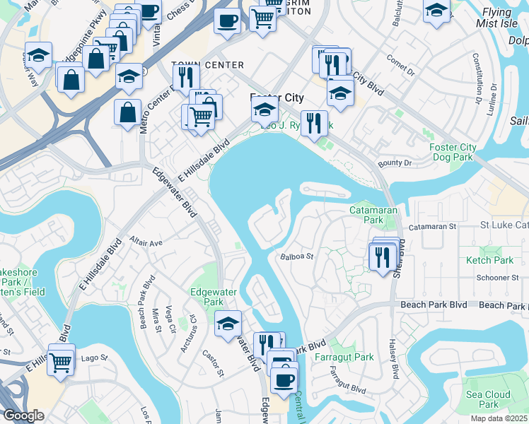 map of restaurants, bars, coffee shops, grocery stores, and more near 614 Portofino Lane in Foster City