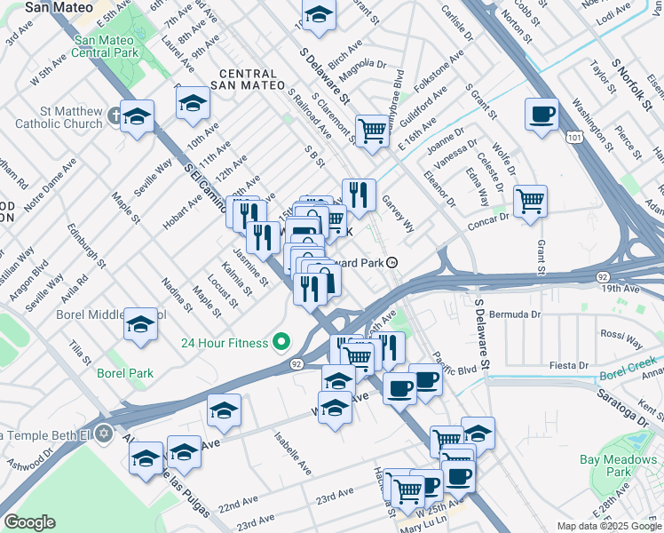map of restaurants, bars, coffee shops, grocery stores, and more near 1705 Palm Avenue in San Mateo