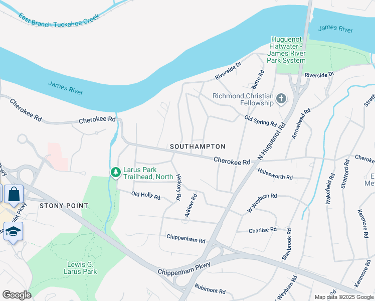 map of restaurants, bars, coffee shops, grocery stores, and more near 8806 Cherokee Road in Richmond