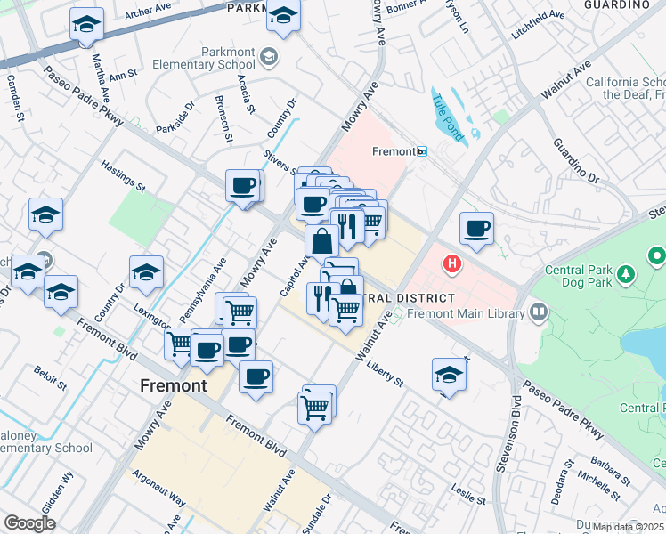 map of restaurants, bars, coffee shops, grocery stores, and more near Paseo Padre Parkway in Fremont
