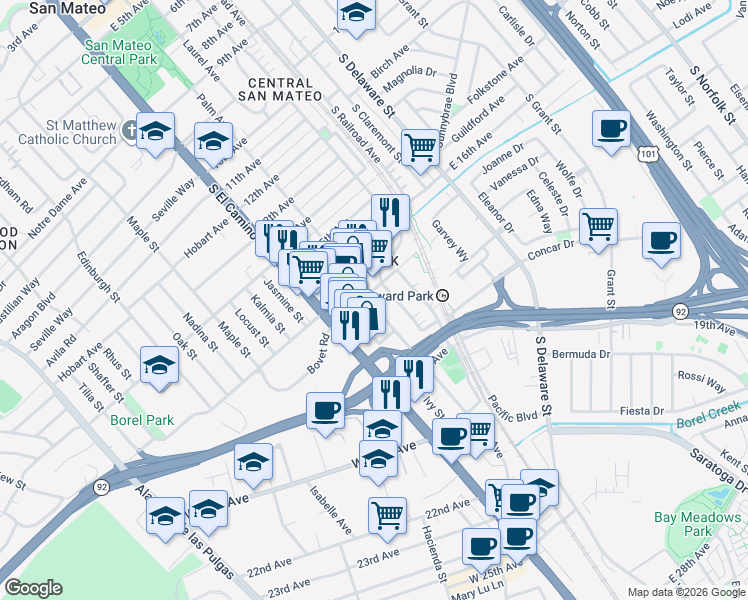 map of restaurants, bars, coffee shops, grocery stores, and more near 1705 Palm Avenue in San Mateo