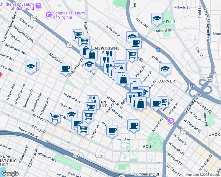 map of restaurants, bars, coffee shops, grocery stores, and more near 1137 West Grace Street in Richmond