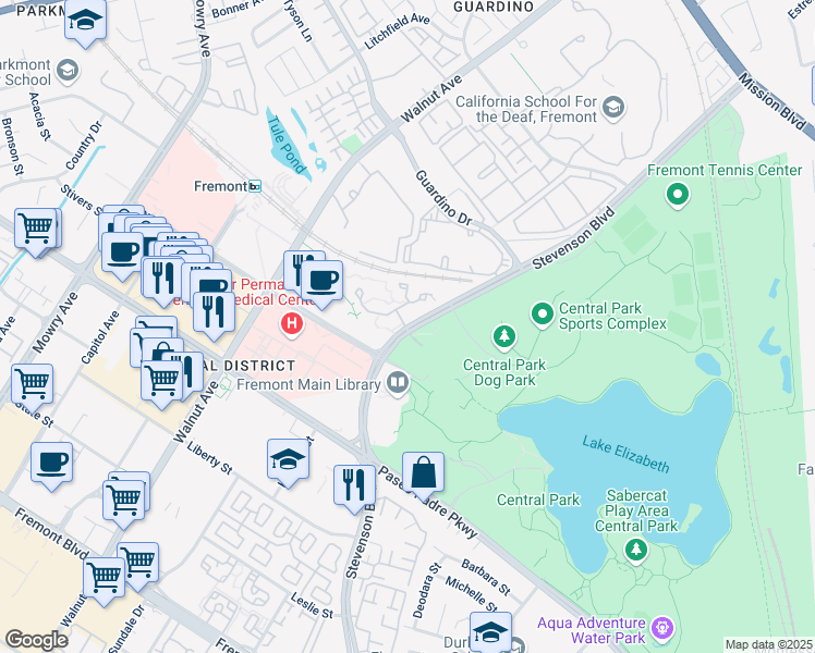 map of restaurants, bars, coffee shops, grocery stores, and more near Stevenson Boulevard & Albany Common in Fremont