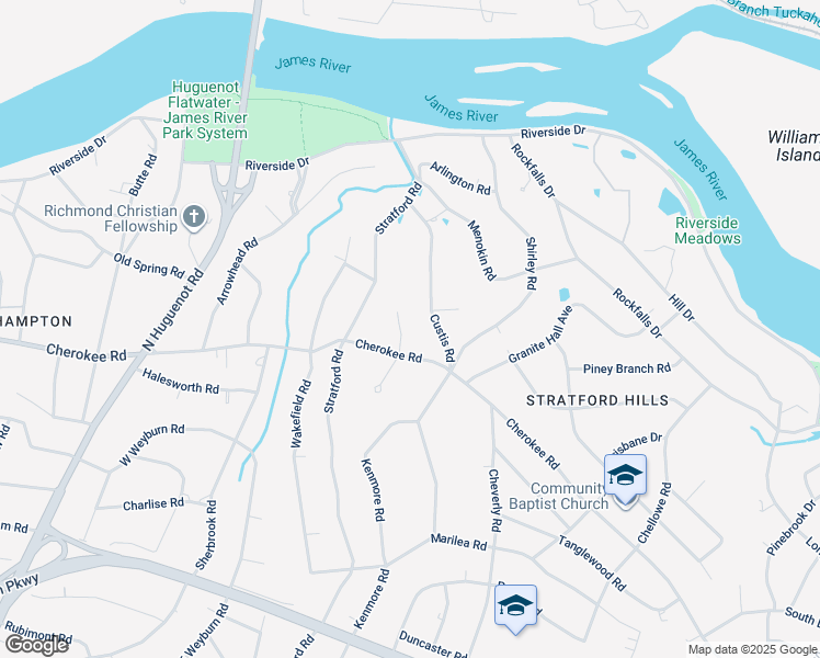 map of restaurants, bars, coffee shops, grocery stores, and more near 4221 Pawnee Road in Richmond