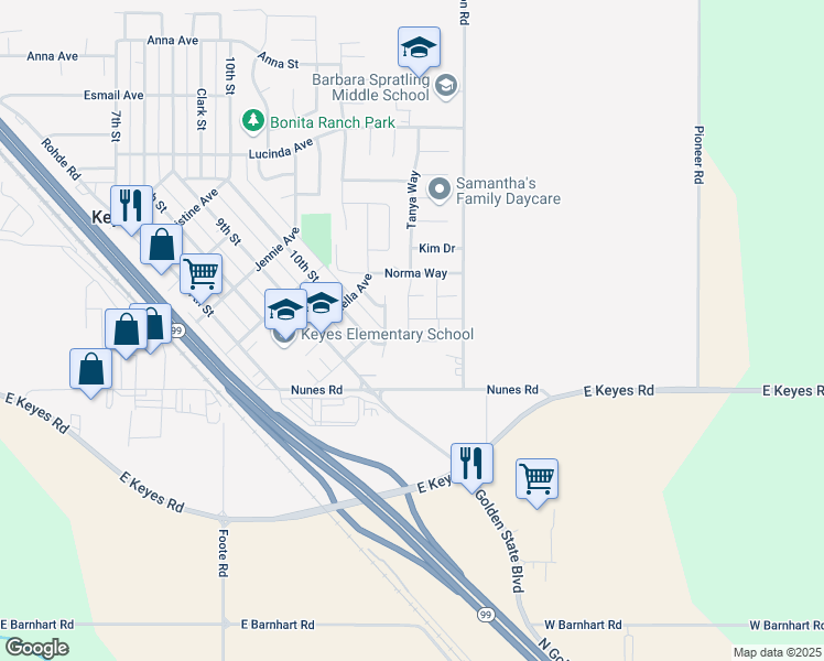 map of restaurants, bars, coffee shops, grocery stores, and more near 5904 Horn Way in Keyes