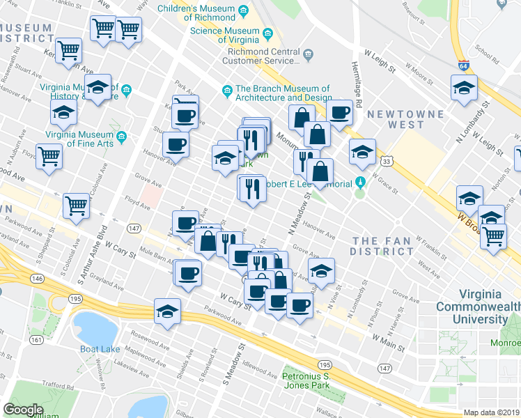 map of restaurants, bars, coffee shops, grocery stores, and more near 2100 Grove Avenue in Richmond