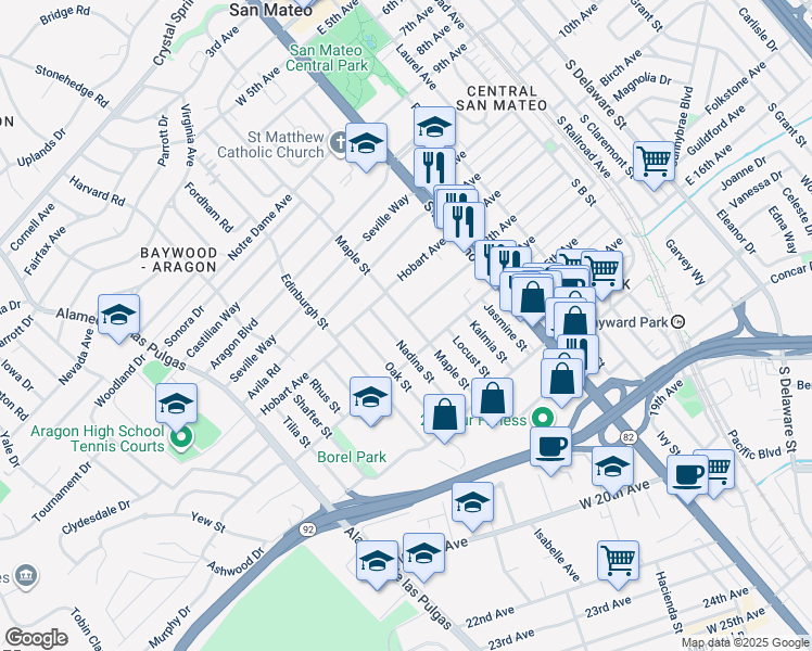 map of restaurants, bars, coffee shops, grocery stores, and more near 1250 Nadina Street in San Mateo