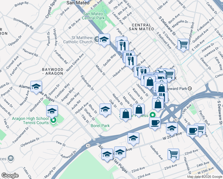 map of restaurants, bars, coffee shops, grocery stores, and more near 1250 Nadina Street in San Mateo