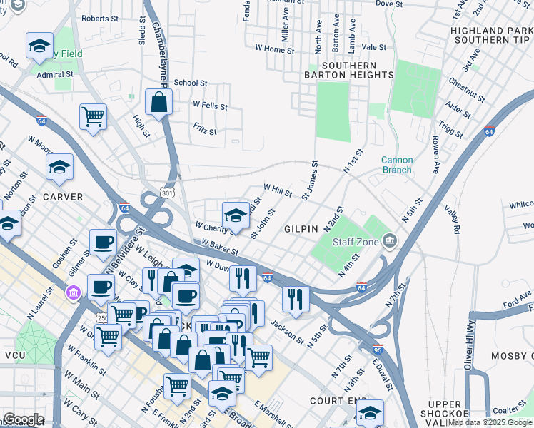 map of restaurants, bars, coffee shops, grocery stores, and more near 1099 Saint John Street in Richmond