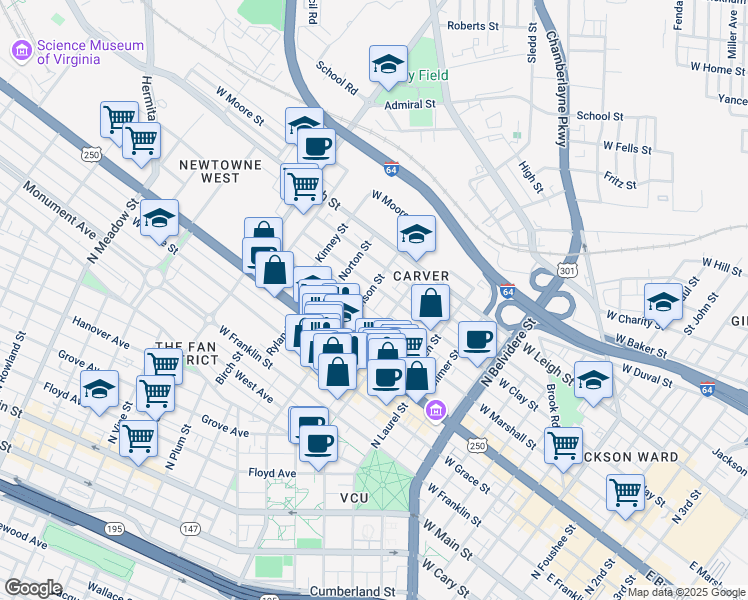 map of restaurants, bars, coffee shops, grocery stores, and more near 1114 1/2 West Marshall Street in Richmond