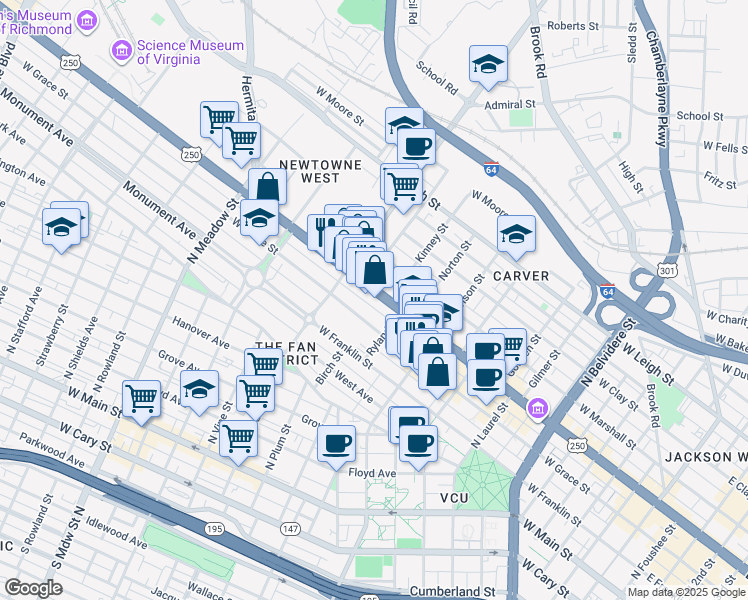 map of restaurants, bars, coffee shops, grocery stores, and more near 1115 West Grace Street in Richmond