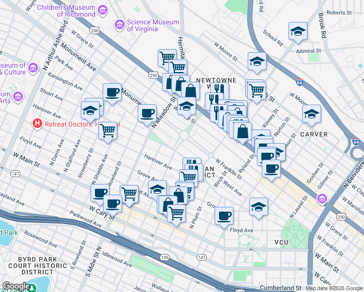 map of restaurants, bars, coffee shops, grocery stores, and more near 1706 Park Avenue in Richmond
