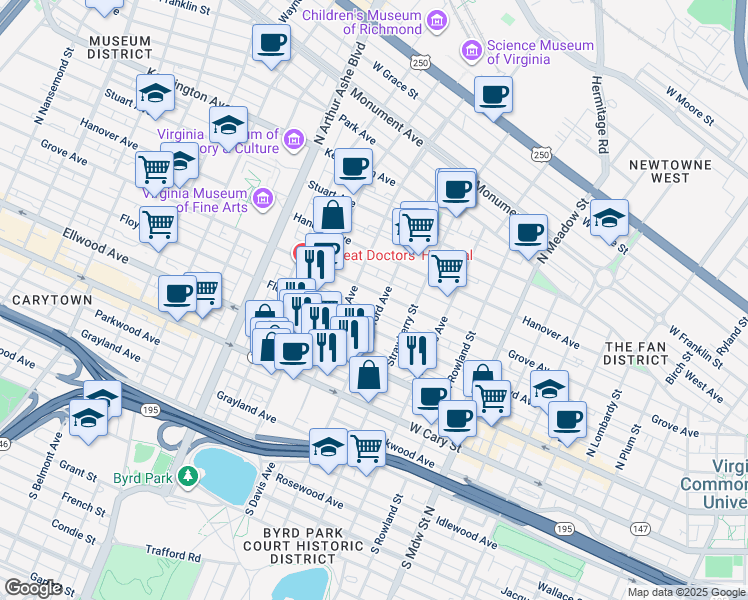 map of restaurants, bars, coffee shops, grocery stores, and more near 2410 Floyd Avenue in Richmond