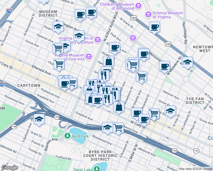 map of restaurants, bars, coffee shops, grocery stores, and more near 2511 Floyd Avenue in Richmond