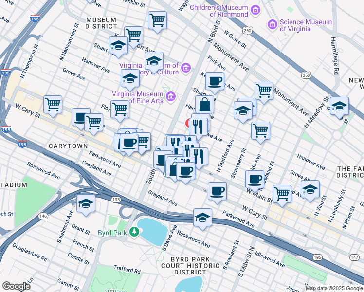 map of restaurants, bars, coffee shops, grocery stores, and more near 2610 West Main Street in Richmond