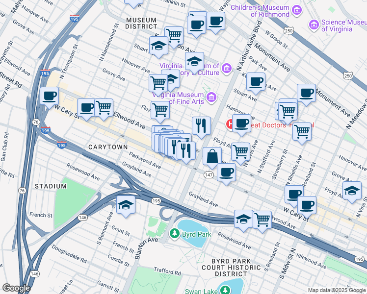 map of restaurants, bars, coffee shops, grocery stores, and more near 8 South Arthur Ashe Boulevard in Richmond