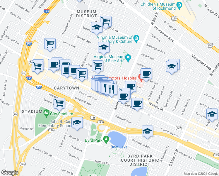 map of restaurants, bars, coffee shops, grocery stores, and more near 2918 West Cary Street in Richmond