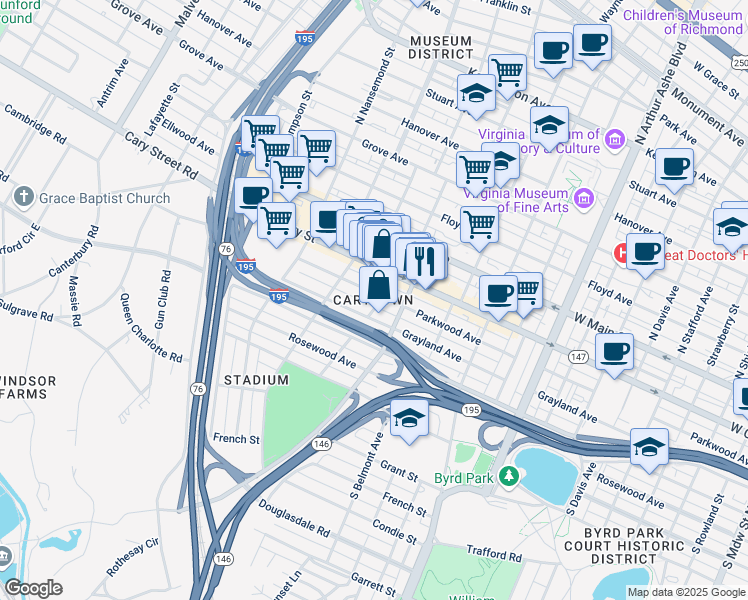 map of restaurants, bars, coffee shops, grocery stores, and more near in Richmond