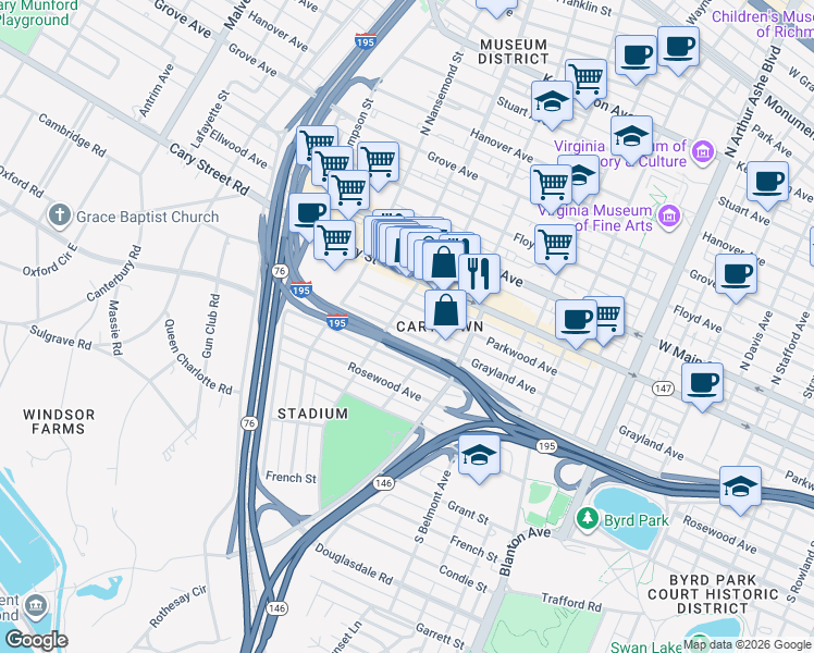 map of restaurants, bars, coffee shops, grocery stores, and more near 3329 Idlewood Avenue in Richmond