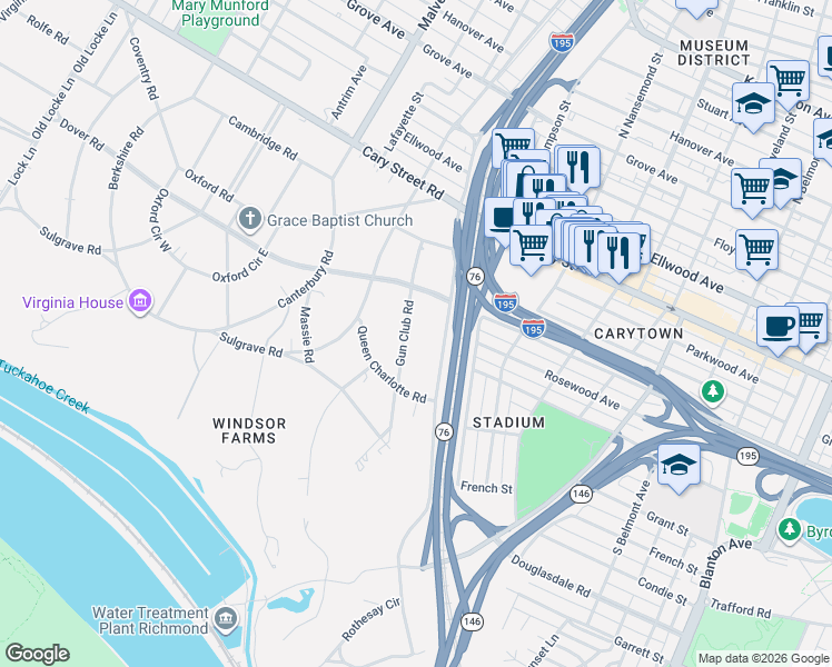 map of restaurants, bars, coffee shops, grocery stores, and more near 212 Gun Club Road in Richmond