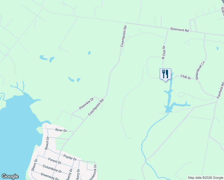 map of restaurants, bars, coffee shops, grocery stores, and more near 596 Coachpoint Road in Hartfield