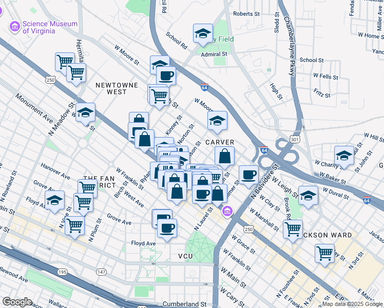 map of restaurants, bars, coffee shops, grocery stores, and more near 707 North Harrison Street in Richmond