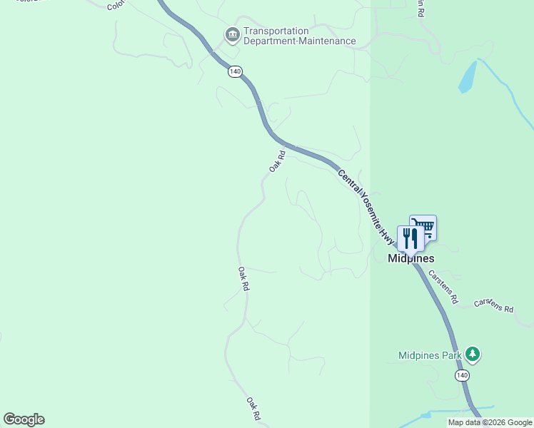 map of restaurants, bars, coffee shops, grocery stores, and more near 5057 Oak Road in Midpines