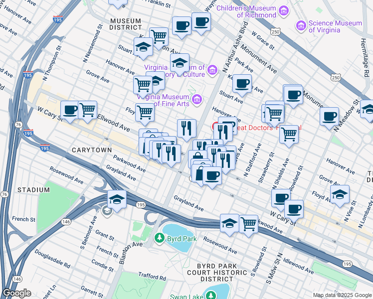map of restaurants, bars, coffee shops, grocery stores, and more near 8 North Arthur Ashe Boulevard in Richmond
