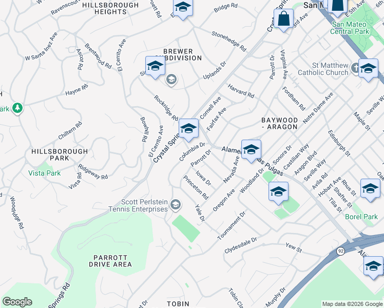map of restaurants, bars, coffee shops, grocery stores, and more near 651 Columbia Drive in San Mateo