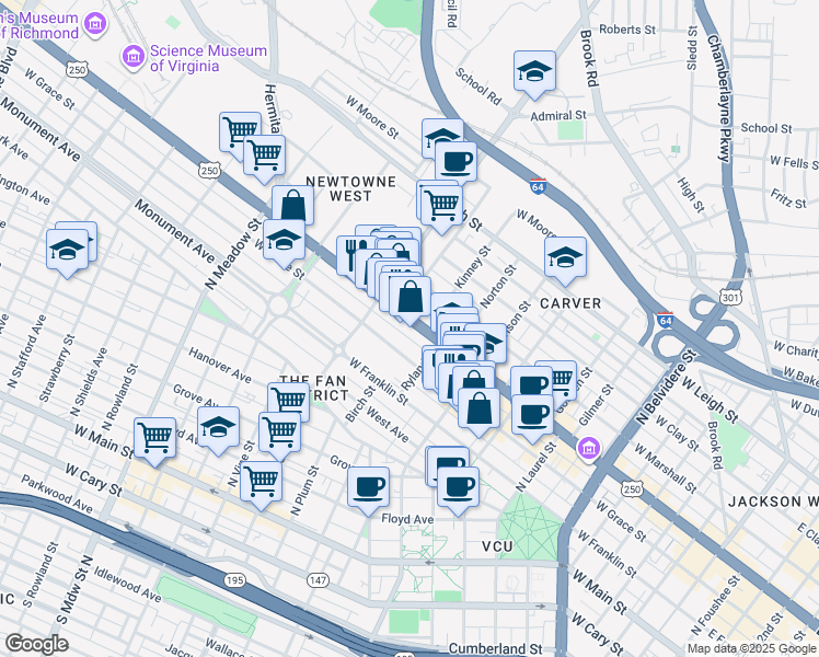 map of restaurants, bars, coffee shops, grocery stores, and more near 1115 West Grace Street in Richmond