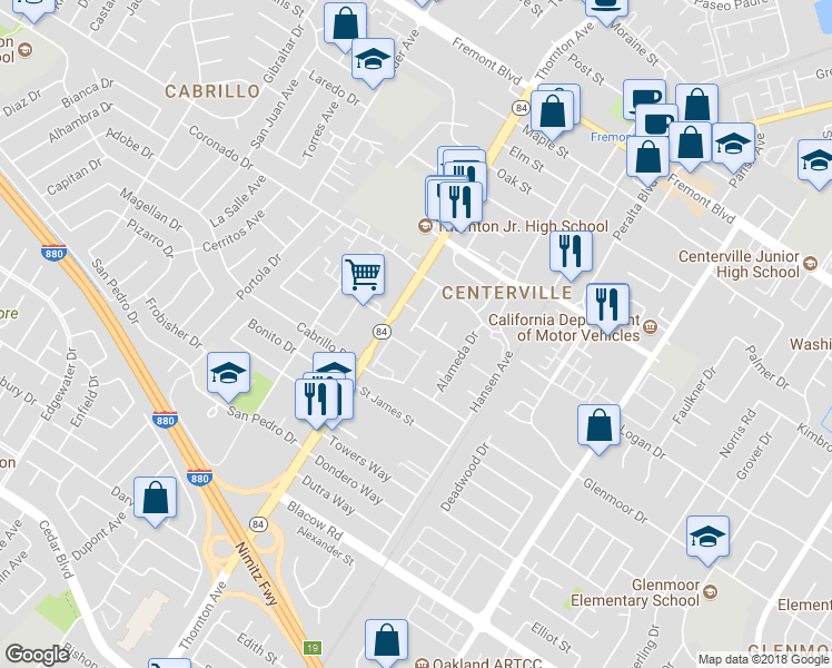 map of restaurants, bars, coffee shops, grocery stores, and more near 37003 Shasta Street in Fremont
