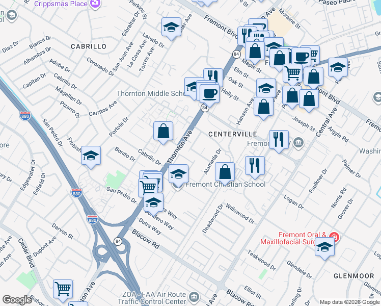 map of restaurants, bars, coffee shops, grocery stores, and more near 37003 Shasta Street in Fremont