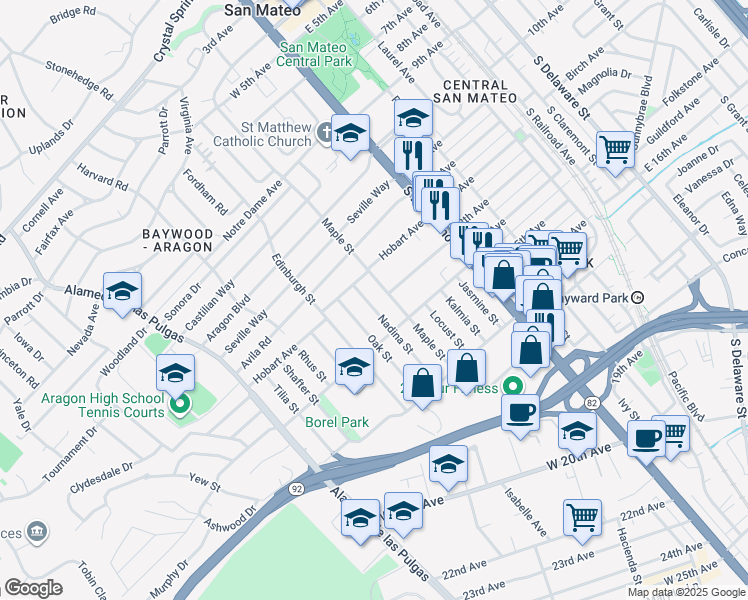 map of restaurants, bars, coffee shops, grocery stores, and more near 1250 Nadina Street in San Mateo