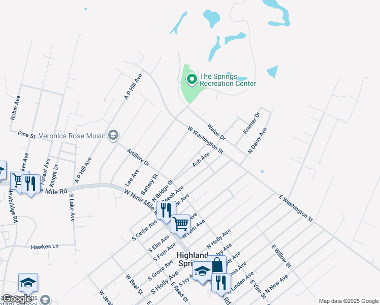 map of restaurants, bars, coffee shops, grocery stores, and more near 130 North Bridge Street in Highland Springs