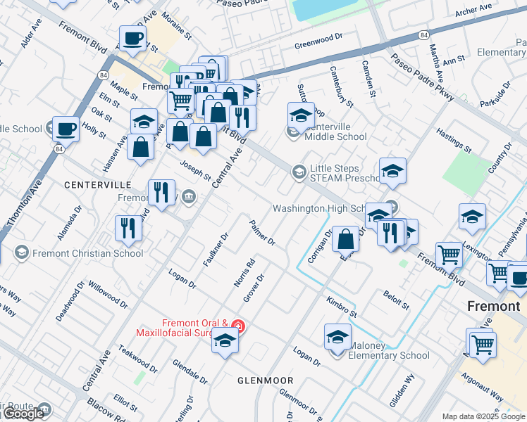 map of restaurants, bars, coffee shops, grocery stores, and more near 4141 Lombard Avenue in Fremont