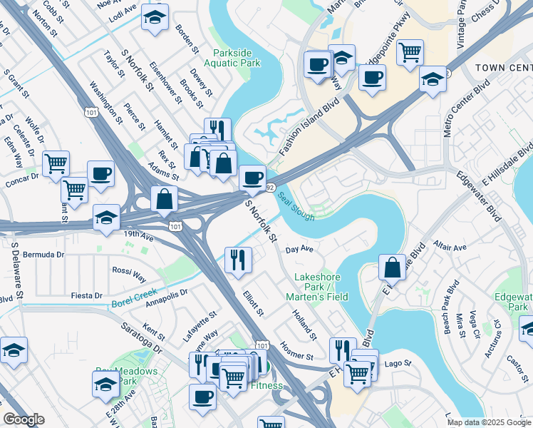 map of restaurants, bars, coffee shops, grocery stores, and more near 2108 South Norfolk Street in San Mateo