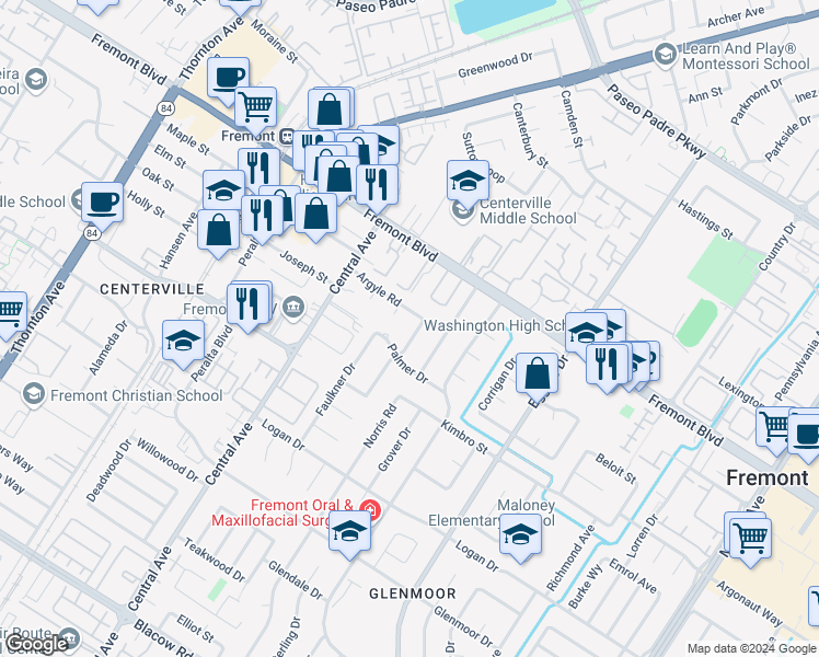 map of restaurants, bars, coffee shops, grocery stores, and more near 4141 Lombard Avenue in Fremont