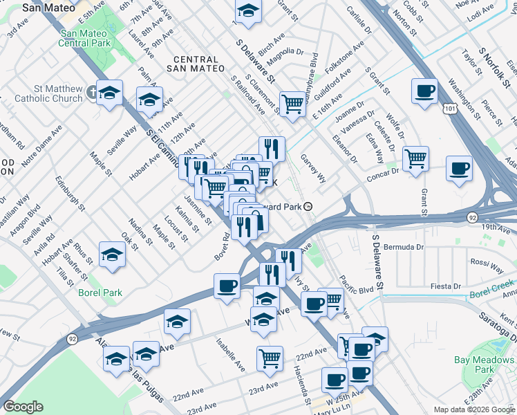 map of restaurants, bars, coffee shops, grocery stores, and more near 1705 Palm Avenue in San Mateo